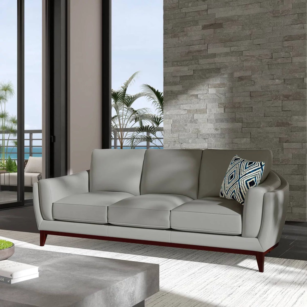 White Wood and Top Grain Leather Sofa Z944