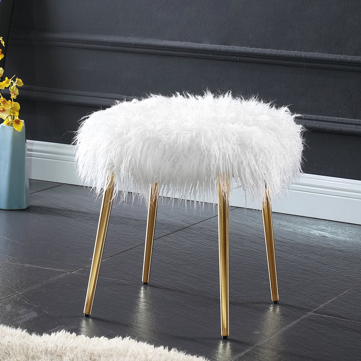 White Faux Fur Accent Ottoman F9611