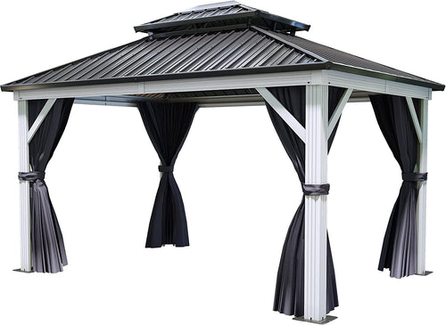 10x12ft Hardtop White Gazebo Double Roof Canopy Galvanized Iron Aluminum Frame with Netting and Shaded Curtains X79177