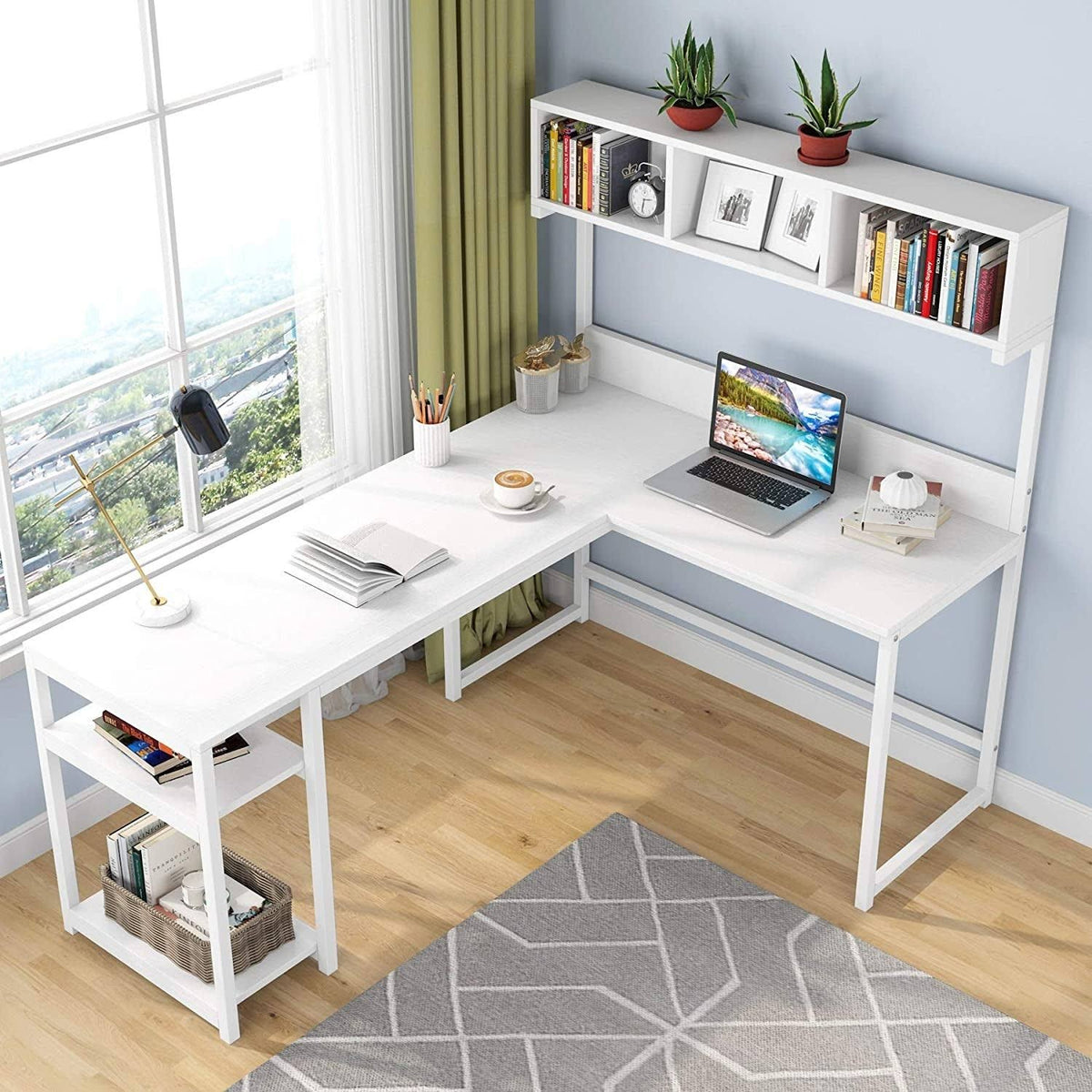 L Shaped Desk with Storage Hutch Shelf G99404