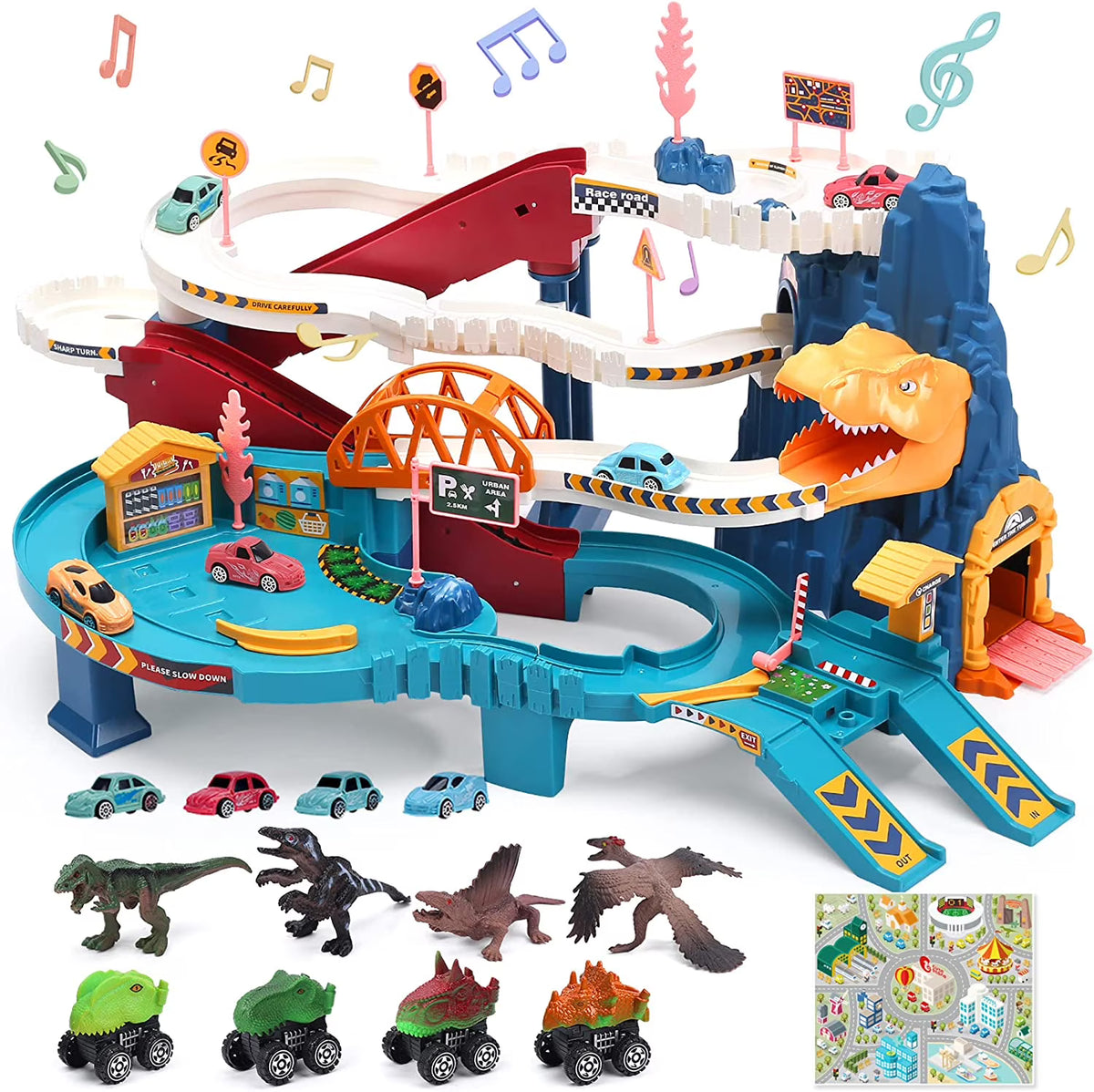 Blue Dinosaur Race Track Playset with 4 Mini Cars & 4 Dino L65767