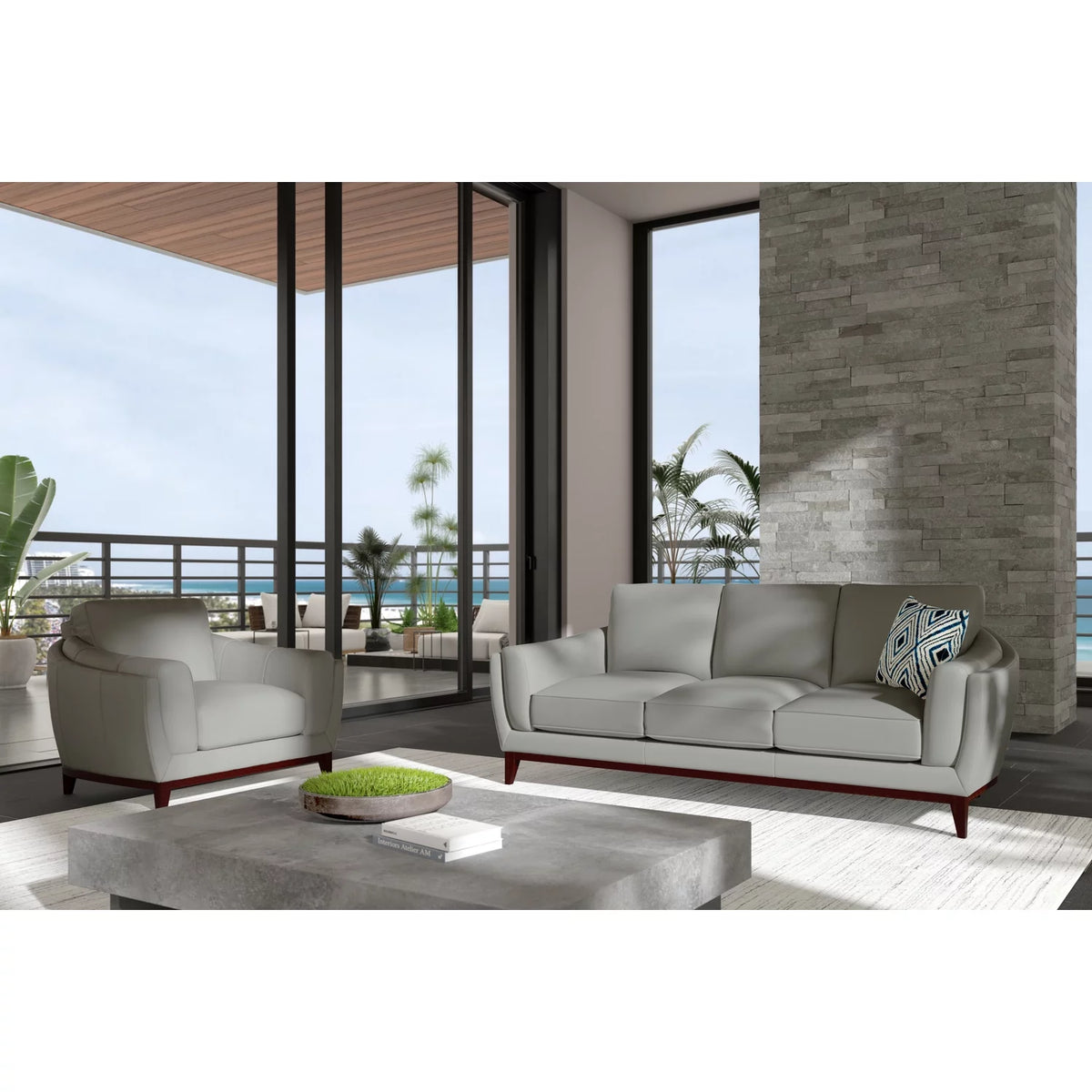 White Wood and Top Grain Leather Sofa Z944