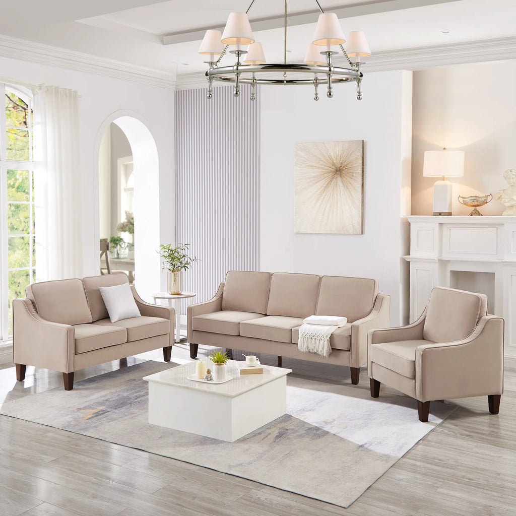 Taupe Velvet 3-Seat Sofa with Wood Legs M368