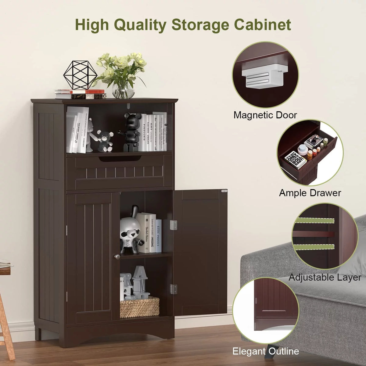 Dark Brown Bathroom Storage Cabinet with Drawer and Shelf U458827