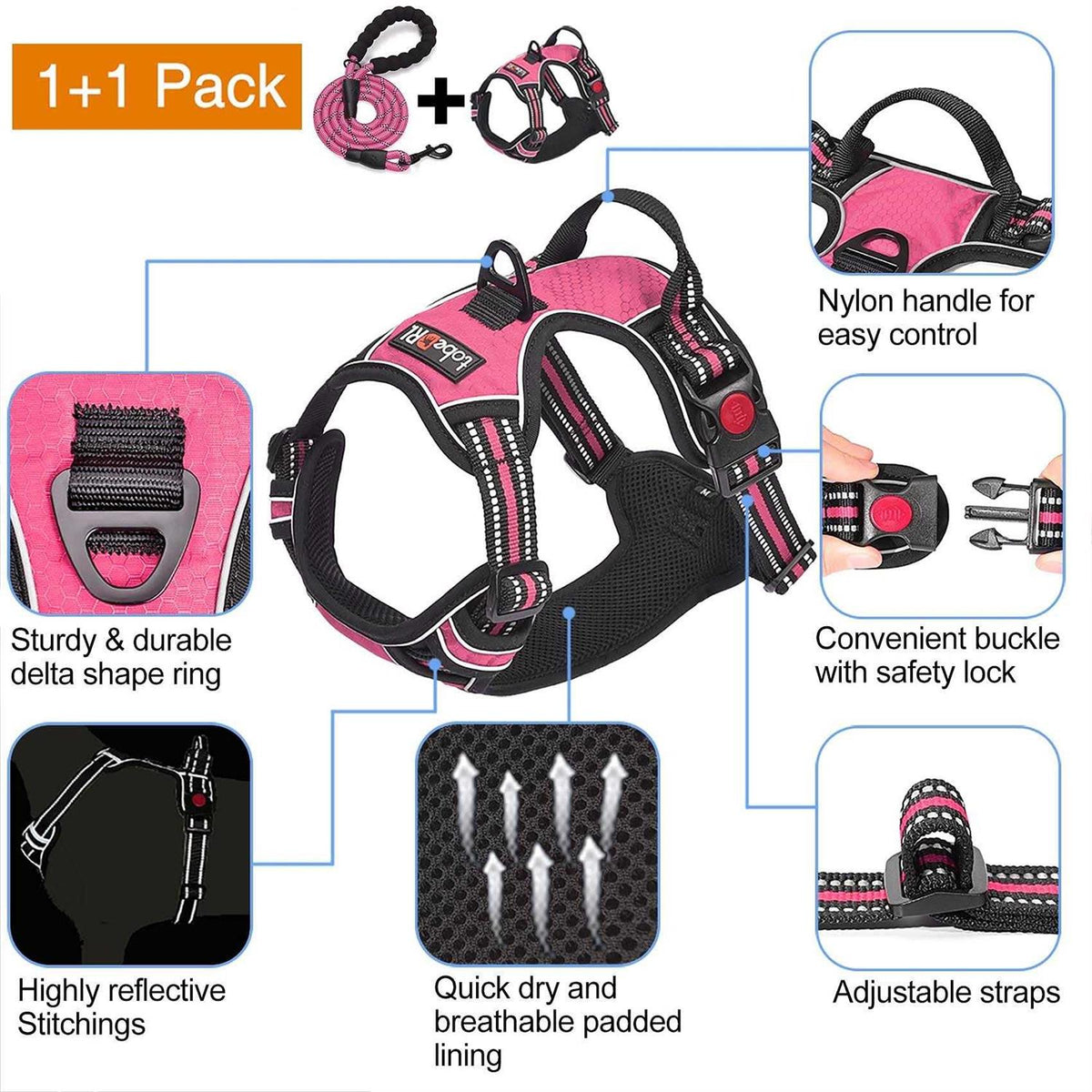 Adjustable Reflective Oxford Dog Harness with 5ft Dog Leash I39312